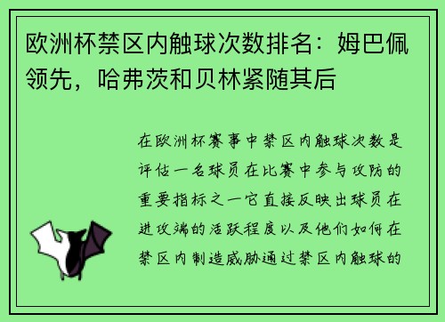 欧洲杯禁区内触球次数排名：姆巴佩领先，哈弗茨和贝林紧随其后